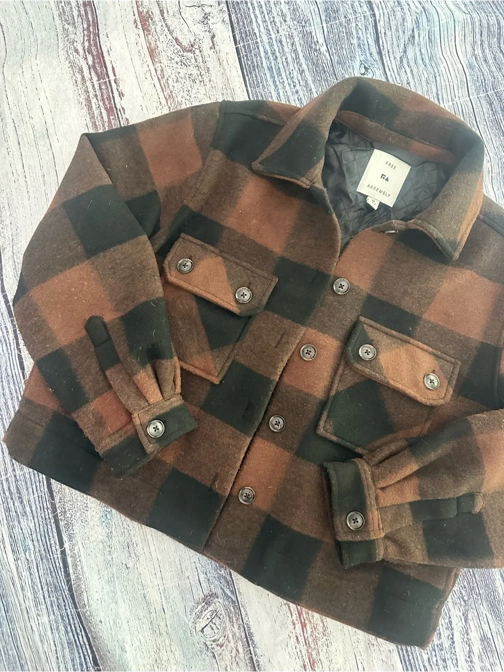 Free Assembly Women’s Brown & Black Plaid Wool-Blend Cropped Shacket